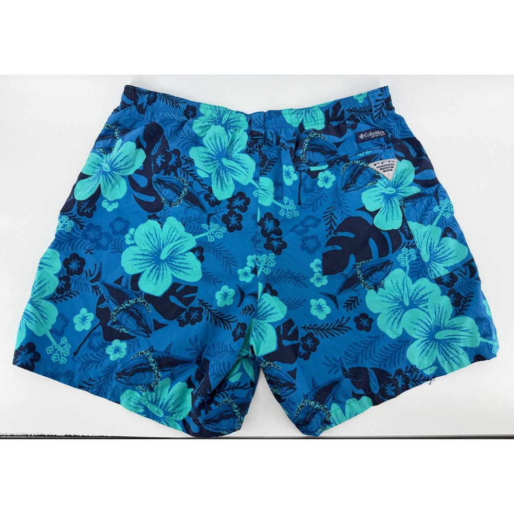 Columbia PFG Mens Floral Fish Print Fishing Shorts Blue Teal Omni-Shade Large